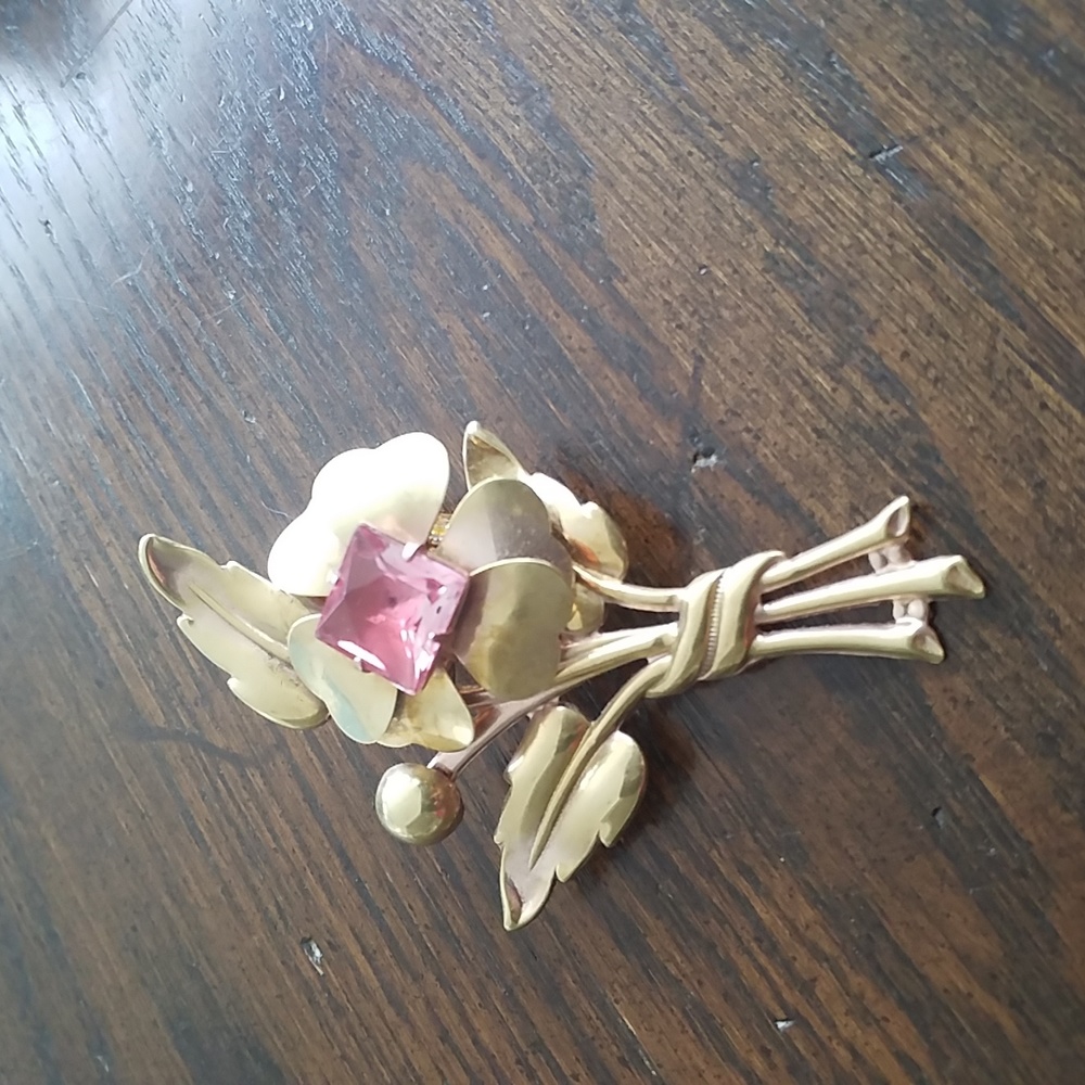 1940's Brass and Pink Glass Flower Pin.